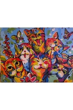 Mutlu Kediler Sayılarla Boyama Seti 40x50 Cm (tuvale Gerili) WOMBHOBBY0093