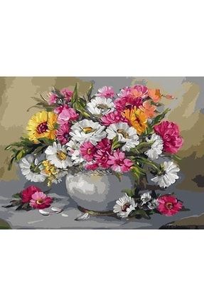 Gri Vazo Ve Çiçekler Sayılarla Boyama Seti(40X50 CM TUVAL ŞASESİNE GERİLİ) WOMBHOBBY0771