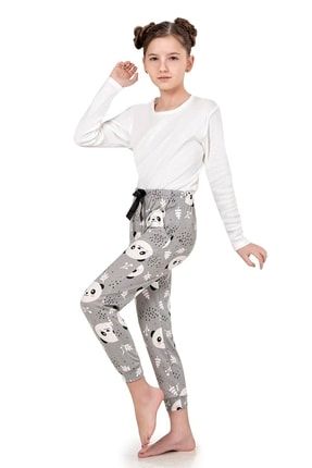 Kız Çocuk Gri Panda Desenli Bant Paça Pijama Altı OBJE 6057