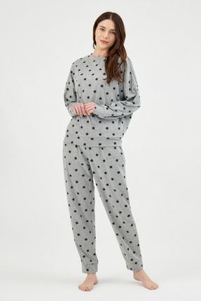 İnterlok O Yaka Yıldız Desenli Uzun Kol Pijama Takımı E29610_007