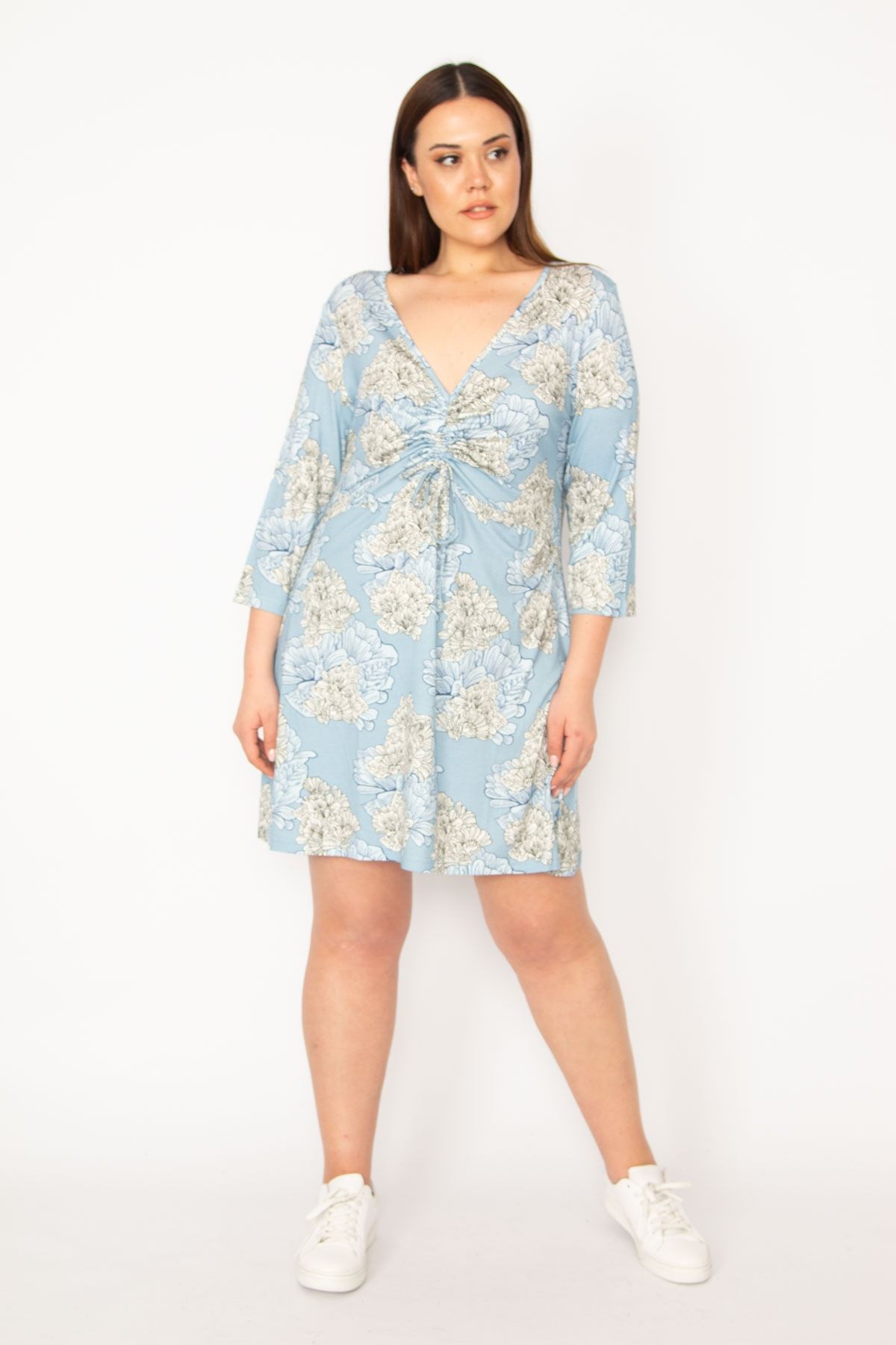Şans-Women's Plus Size Blue Chest Gather Detailed Tunic 65n32937 5
