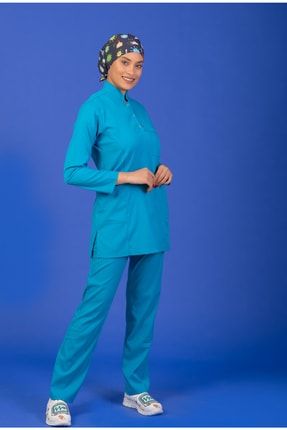 Turkuaz Mavi Üç Çıtçıtlı Hakim Yaka Likralı Doktor / Hemşire Forması Tesettür Takım BSR-12329