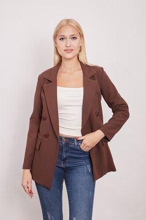 Kadın Kahverengi Düğme Detaylı Uzun Kol Şık Ofis Süs Cep Kapaklı Blazer Ceket 37013