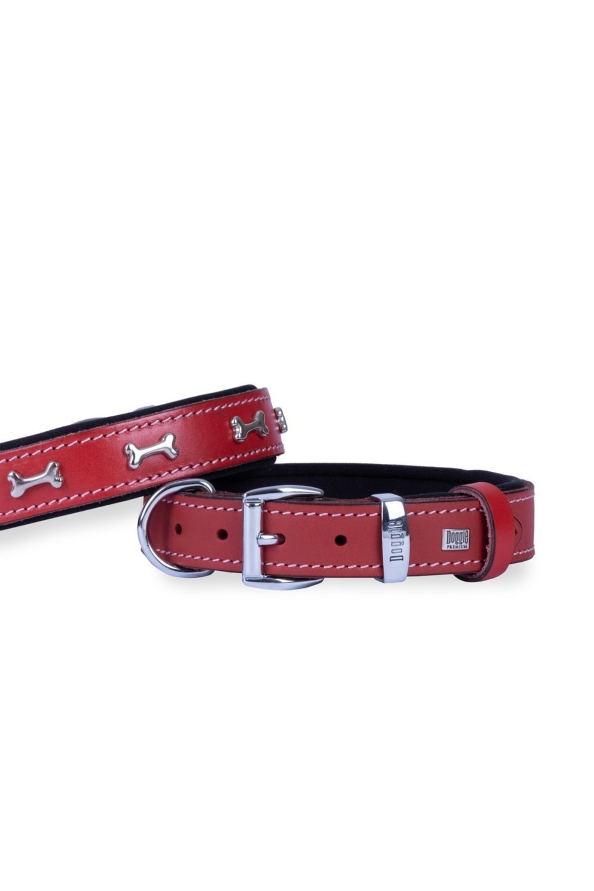 Doggie قلاده سگ تزئین شده با استخوان چرم راحتی متوسط ​​قرمز 3x42-50 سانتی متر SBT3062MRED