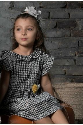 Kız Çocuk Çiçek Desenli Ekoseli Siyah Beyaz Içi Organik Astarlı Elbise 32002