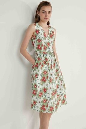 V Yaka Sıfır Kol Çiçek Desen Elbise 22-4293