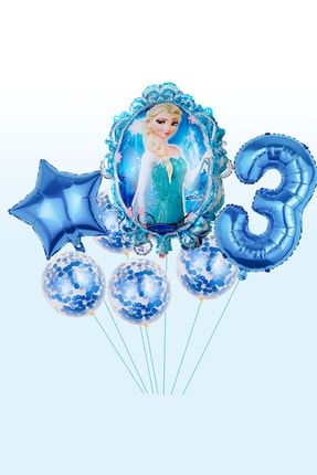 Frozen Elsa Mavi Renk Rakamlı Balon Seti Konfetili Şeffaf Balonlu Karlar Kraliçesi Balon Seti TYFEBSD02