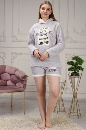 Kadın Yazı Nakışlı Soft Polar Şortlu Pijama Takımı Gri 21k-9183