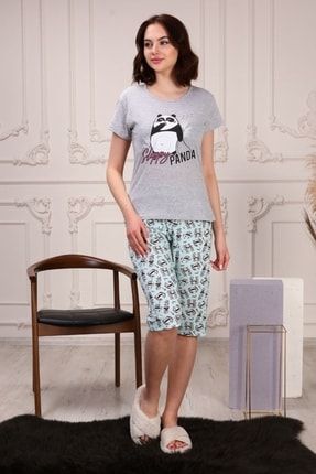 Kadın Panda Baskılı Kapri Şortlu Pijama Takımı Gri PJM50563Y0002