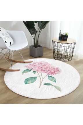 Beyaz Zeminli Renkli Ortanca Çiçek Motifli Modern Pembe Banyo Yıkanabilir Kaymaz Taban Yuvarlak Halı HaliYuv-Comfort-8920