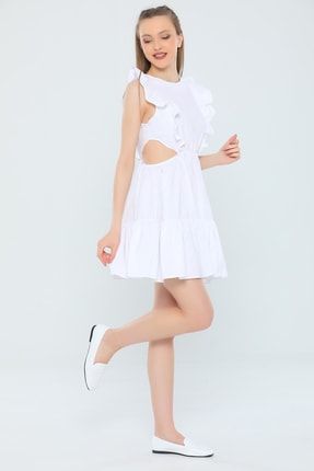 Beyaz Kadın Fırfırlı Bel Dekolteli Mini Elbise P-039691