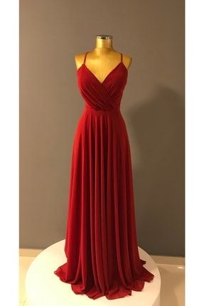 Kadın Kırmızı Sırt İp Bağlamalı Şifon Yırtmaçlı Uzun Abiye Elbise PROTO 66175