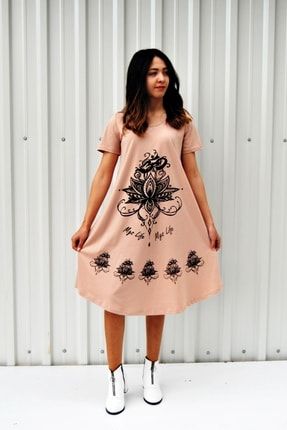 Kadın Toz Pembe Kısa Kollu Çiçek Baskılı Çan Etek Elbise MGSKKELB01