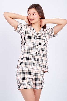 Kadın Şortlu Pijama Takımı Bej Ekose mc2021-51