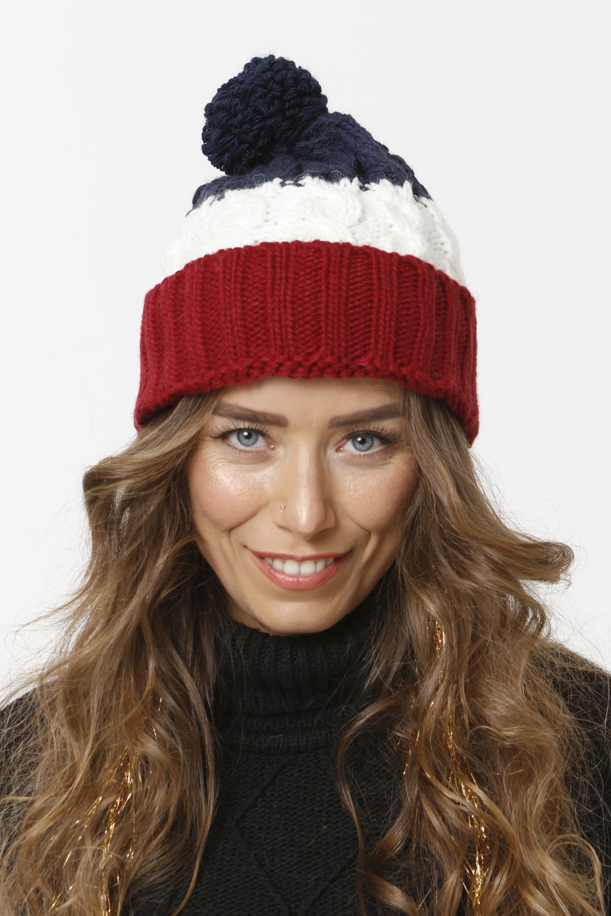  کلاه بافتنی پوم پوم تاشو 75/3 - زرشکی