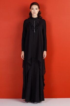 Kadın Siyah Önü V Taşlı Şifon Detaylı Abiye Elbise 1913603-205999