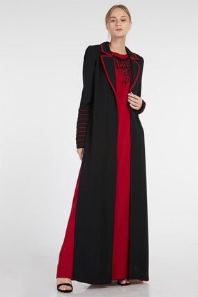 Kadın Kırmızı İçi Uzun Elbiseli Boncuklu Abiye Takım 2'li 1917413-300999