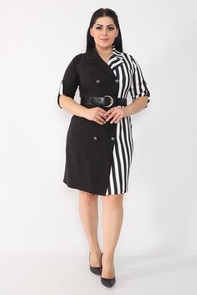 Kadın Siyah Kruvaze Yaka Çizgi Desenli Sahte Düğmeli Elbise ES2004