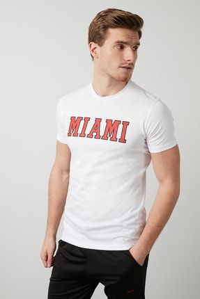 Erkek Beyaz Ön Baskılı Bisiklet Yaka Pamuklu T-shirt 5721006