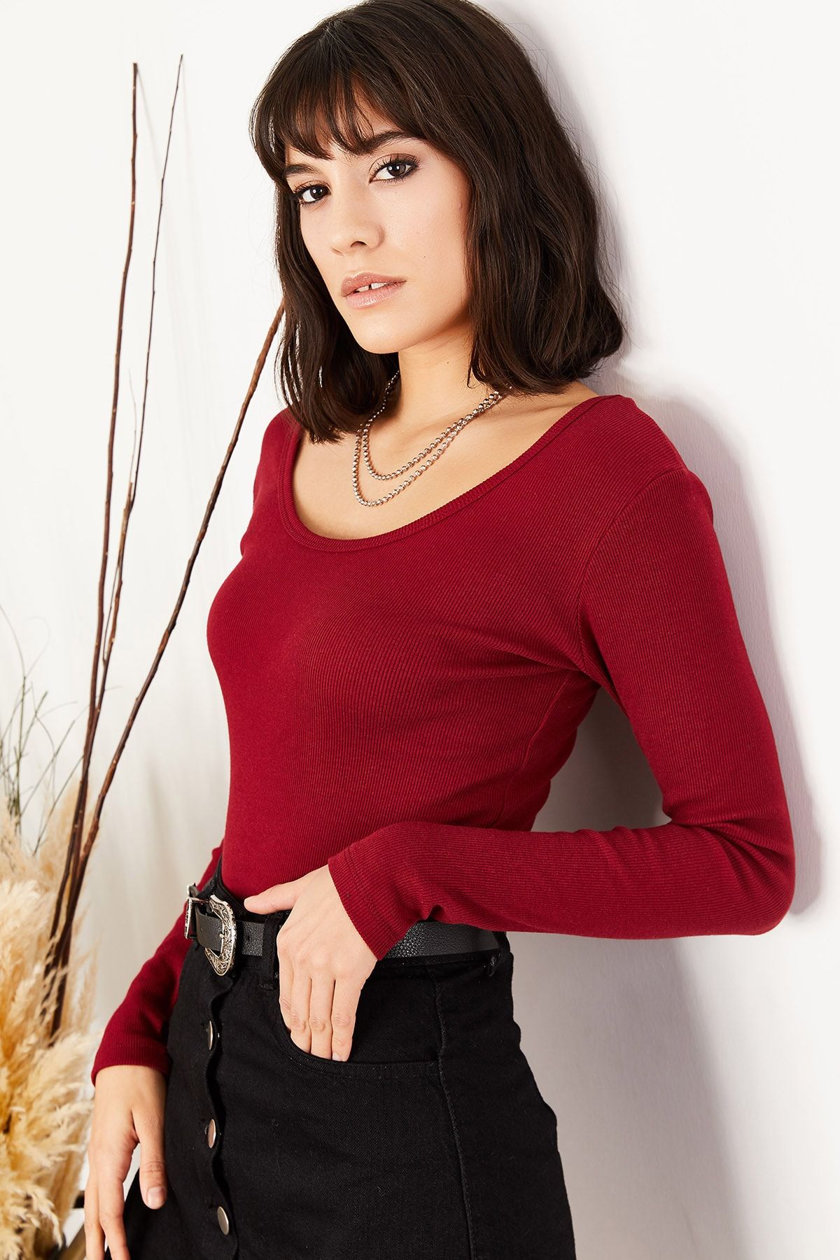 Olalook-Bluză de damă burgundă cu guler lat cu camisole BLZ-19000722 2