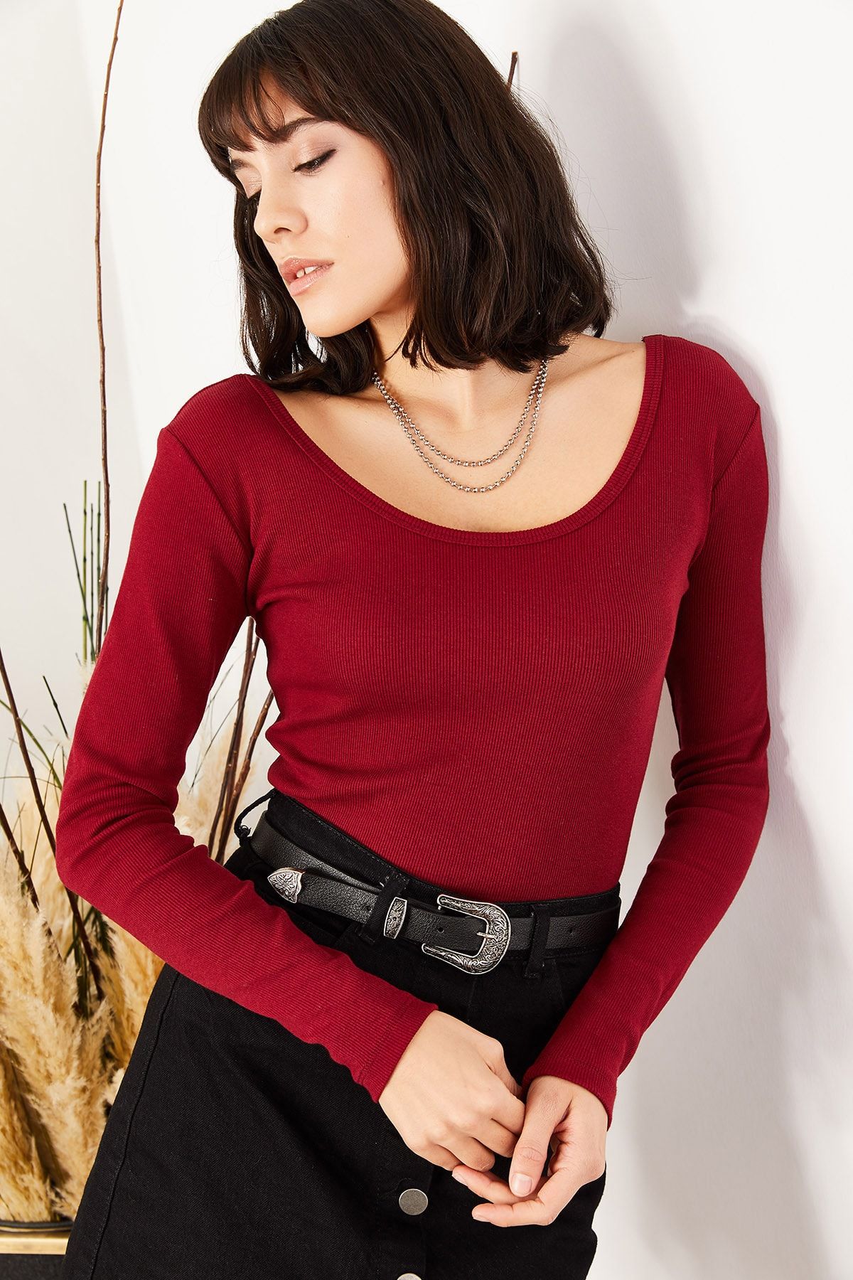Olalook-Bluză de damă burgundă cu guler lat cu camisole BLZ-19000722 3