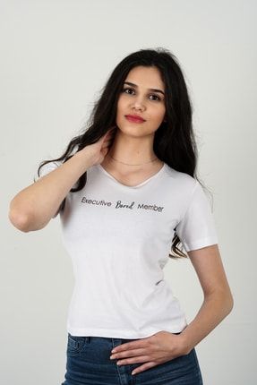 Kadın %100 Pamuk Özel Tasarım Executive Bored Member Baskılı Beyaz T-shirt STDRKT-EBM