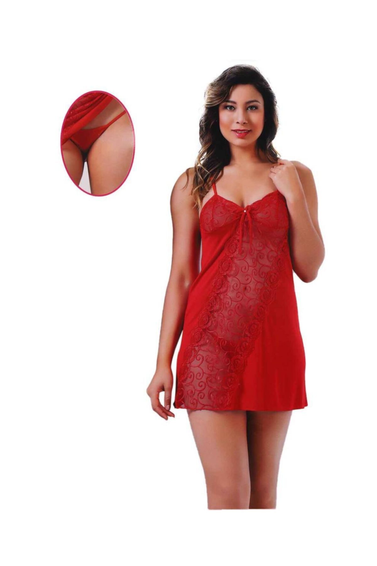 KOTA Kadın Ip Askılı Dantelli Kısa Gecelik Takım