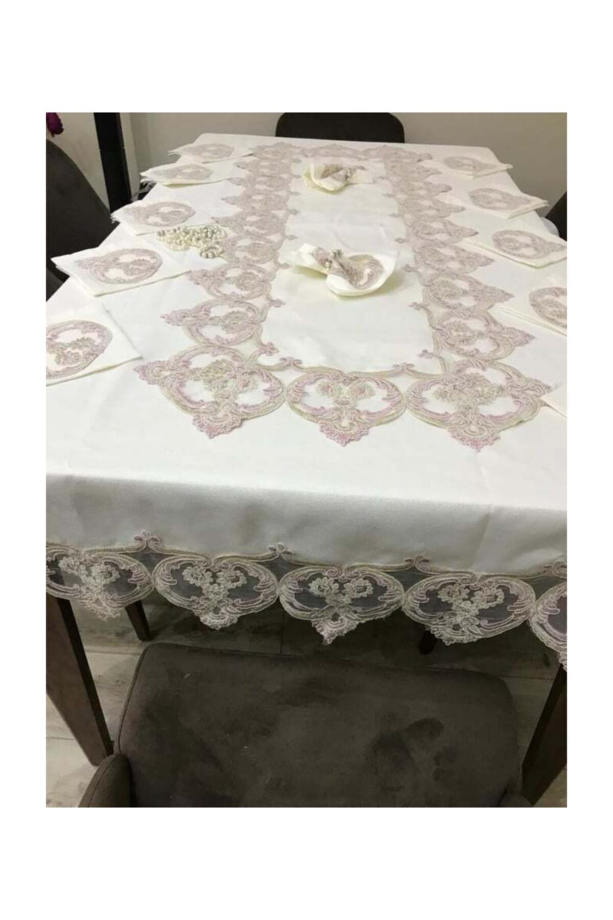 bursa çeyiz Gülendam 26 Parça Linen Ağır Fransız Dantelli Yemek Takımı