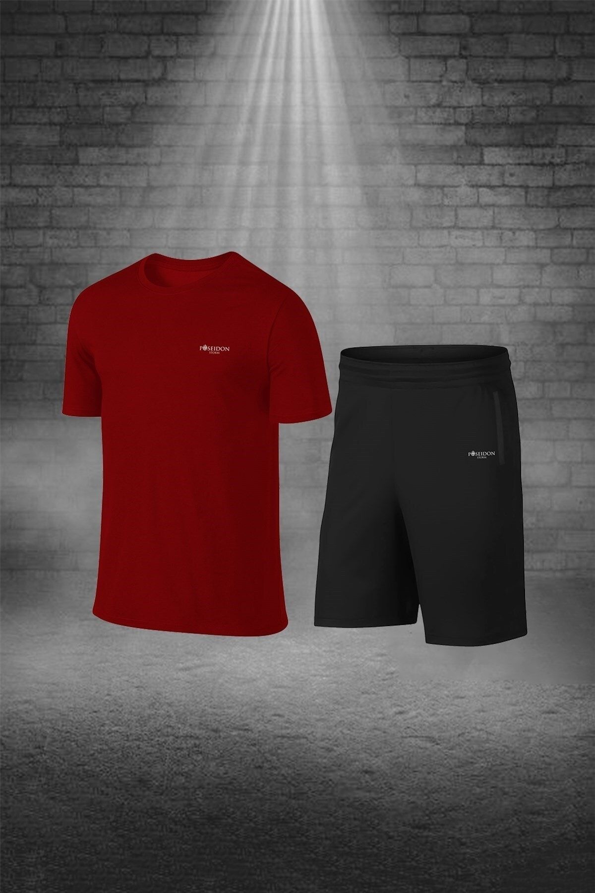 POSEIDONSTORM Erkek Bordo Dri-fit Kumaş Cepli Baskısız Bisiklet Yaka Yürüyüş Için Tişört Şort Alt Üst Ikili Takım