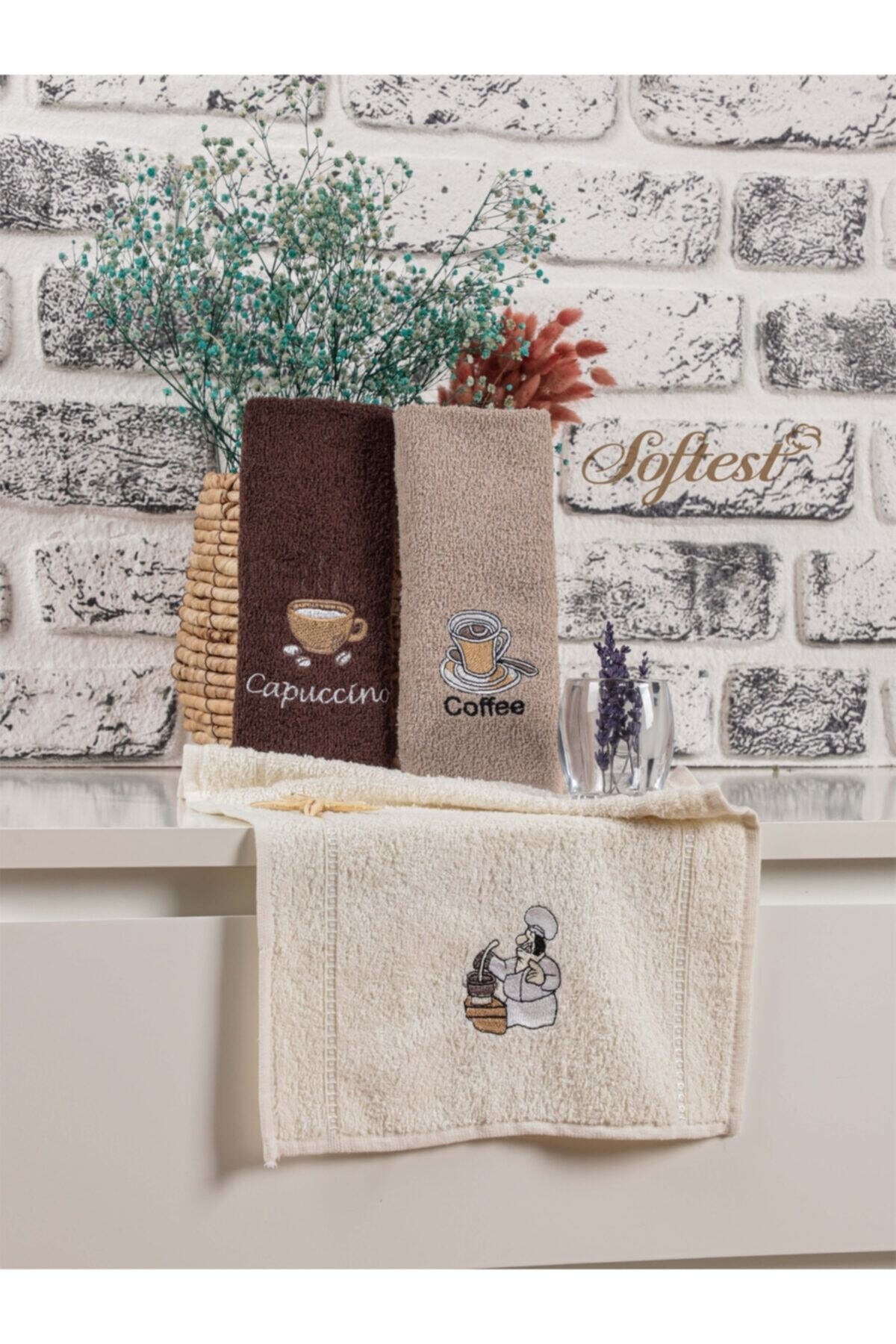 Softest 3 Colors 3 Pieces Coffee Embroidered Kitchen Towel Set, 30x50 Cotton Kitchen Towel Set
