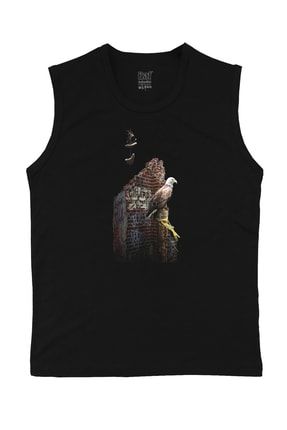 Erkek Kolsuz Siyah Örme T-shirt Kartal Tasarım Dijital Baskılı RFDTS019