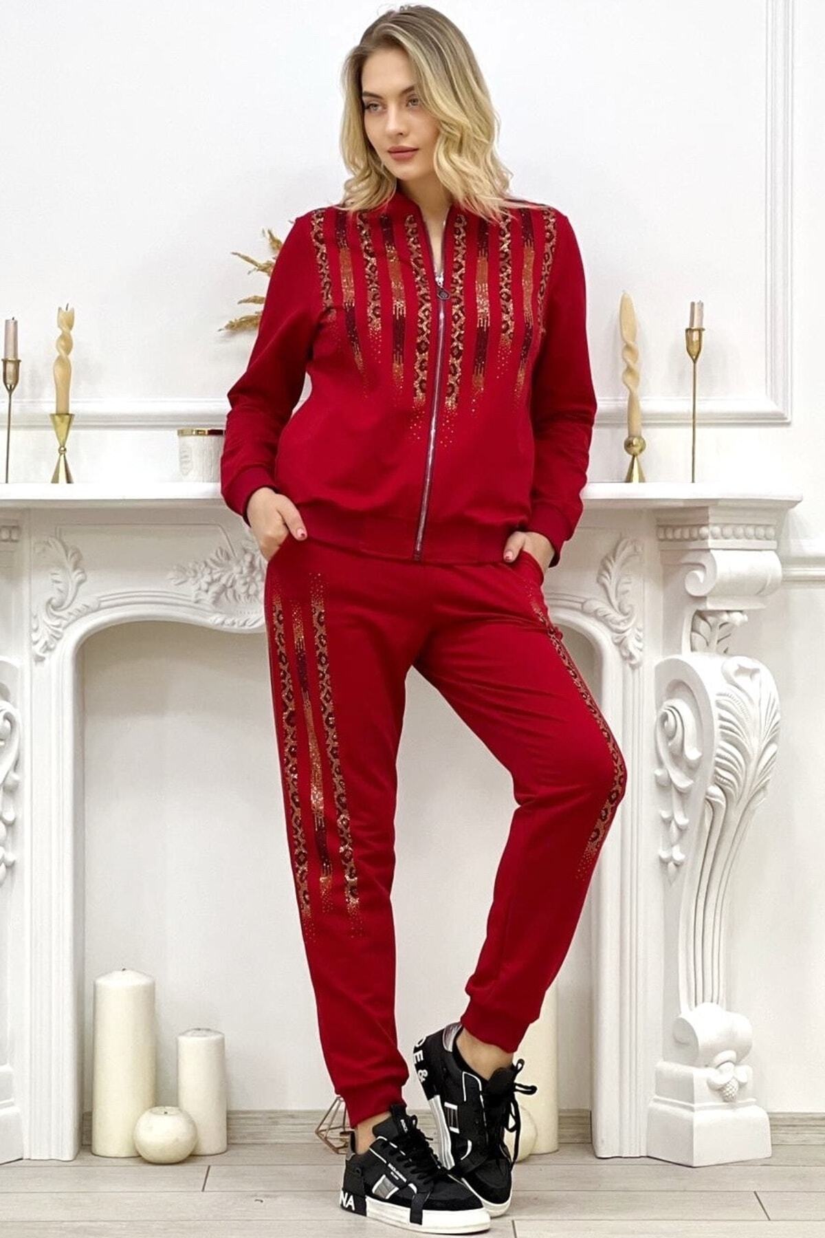 RICH GLAM-Large Size Women's Two Thread Cotton Tracksuit Set with Red Leopard Crystal Stones 4