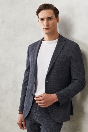 Erkek Antrasit-lacivert Slim Fit Dar Kesim Mono Yaka Kareli Klasik Takım Elbise 4A3022200002