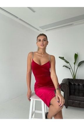 Kadın Etek Taş Detaylı Kadife Elbise Kırmızı T2650