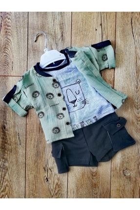 Erkek Bebek Aslan Figürlü Müslin Gömlek, T-shirt, Şort 3'lü Takım K1275