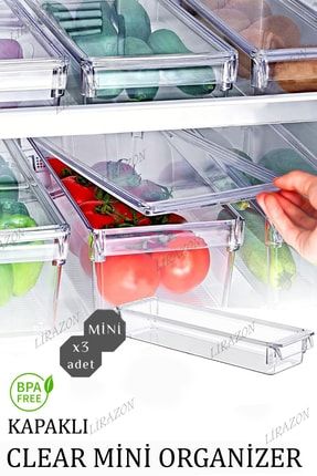 3 Adet Şeffaf Kapaklı Mini Tall Clear Buzdolabı & Dolap Içi Düzenleyici Organizer EP-615 EM-H