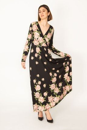 Kadın Siyah Çiçek Desenli Anvelop Uzun Elbise 85N7011