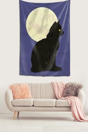 Ay Gece Ve Kedi Temalı Leke Tutmaz Kadife Doku Kumaş Duvar Örtüsü Duvar Halısı Tapestry TYC00451993350