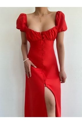 Balon Kol Ön Düğmeli Elbise Kırmızı ANG-Mia-6680