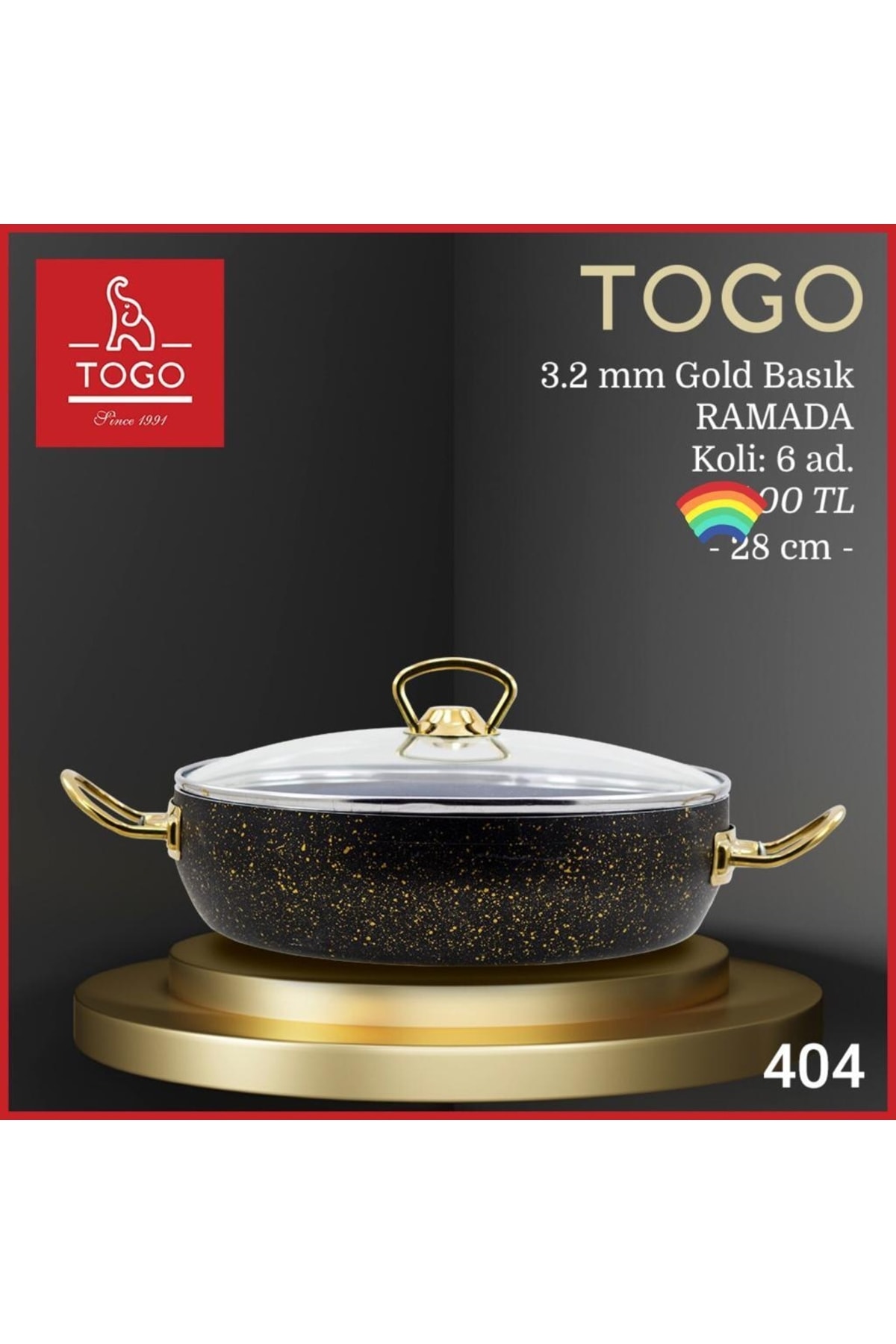 TOGO 28 Cm Pilavlık Basık Tencere Gold Kulp 3.2 Mm