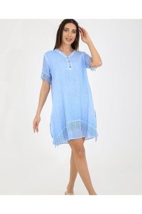 Mavi Renk Dantel Detaylı Yıkamalı Elbise 330-41