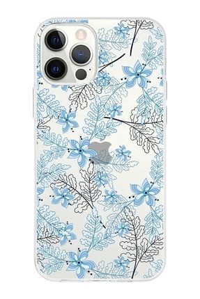 Iphone 12 Promax Uyumlu Kapak Floral Mavi Tasarımlı Şeffaf Silikon Kılıf prt1mmip12ProMax032floral