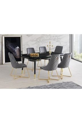 Açılır Roma Salon Masası Siyah Mermer Desen + 6 Adet Alya Sandalye Gold Metal Ayak RAG01