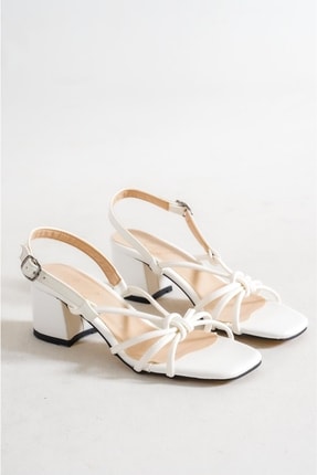 Kadın Beyaz Bilekten Bağlamalı Tokalı Biyeli Topuklu Ayakkabı&sandalet BES-TOPUKLU-BİYELİ-001-B