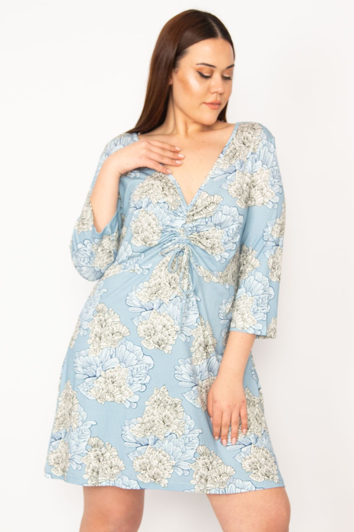Şans-Women's Plus Size Blue Chest Gather Detailed Tunic 65n32937 3