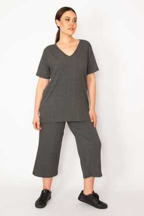 Kadın Füme Kaşkorse Örme Beli Lastikli Geniş Paçali Pantolon V Yakali Bluz Takim 65N32939