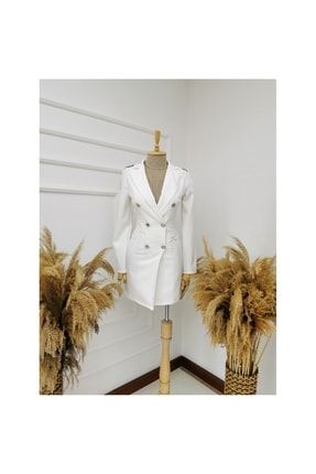 Kadın Omuzu Taşlı Düğmeli Beyaz Ceket Elbise 8532876543980
