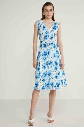 V Yaka Sıfır Kol Çiçek Desen Elbise 22-4293