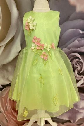 Dide Kız Çocuk 3 Boyutlu Renkli Çiçekli Organze Elbise DD3330E