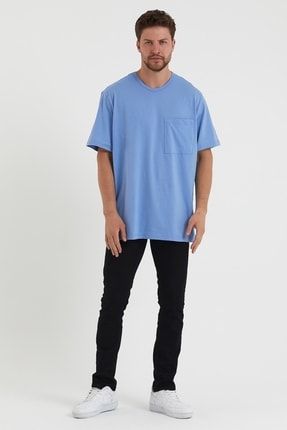Erkek Mavi Oversize Cepli 0-yaka T-shirt 373